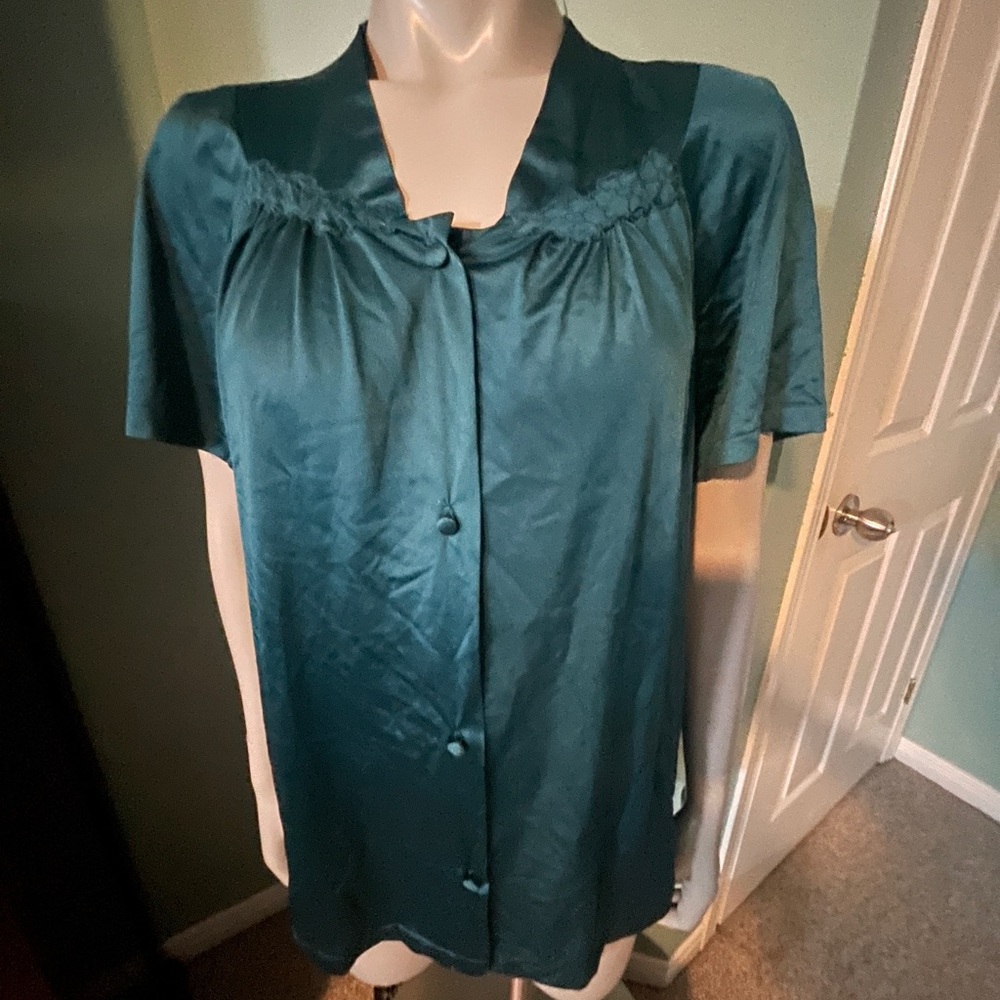 Vintage 80’s Nylon Teal Button-Up Pyjama Set Ladies L